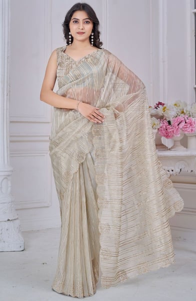 Dusty White Zarkan Embellished Pure Jacquard Saree