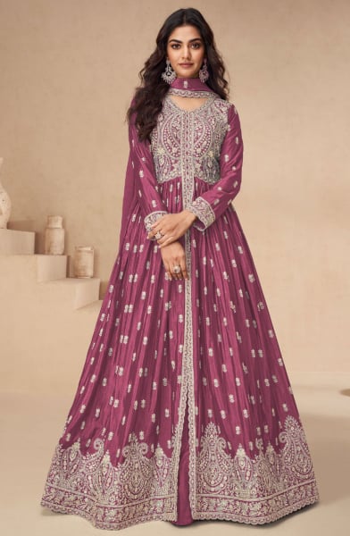 Dusty Wine Embroidered Chinnon Silk Designer Lehenga Kameez for Ceremonial
