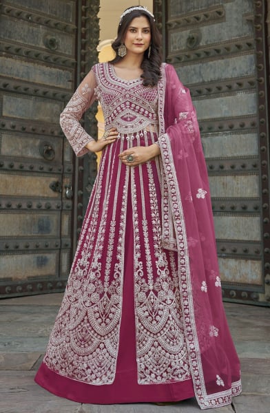Dusty Wine Embroidered Lehenga Pant Kameez