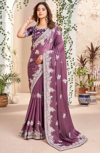 Dusty Wine Embroidered Silk Georgette Designer Saree