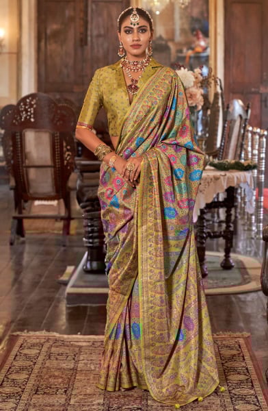 Dusty Yellow Printed Viscose Silk Saree