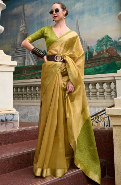 Dusty Yellow Woven Tissue Silk Saree