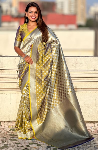 Dusty Yellow Zari Woven Banarasi Silk Saree