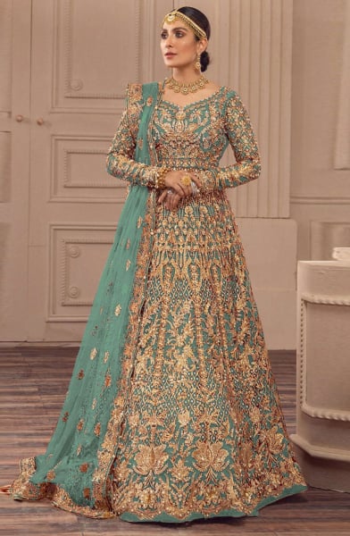 Mint Embroidered Net Anarkali Gown with Dupatta
