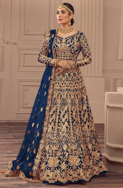 Prussian Blue Embroidered Net Anarkali Gown with Dupatta