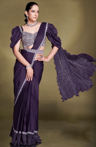 Eggplant Crepe Satin Silk Sequins Ready to Wear Saree