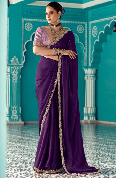 Eggplant Embroidered Designer Saree for Ceremonial