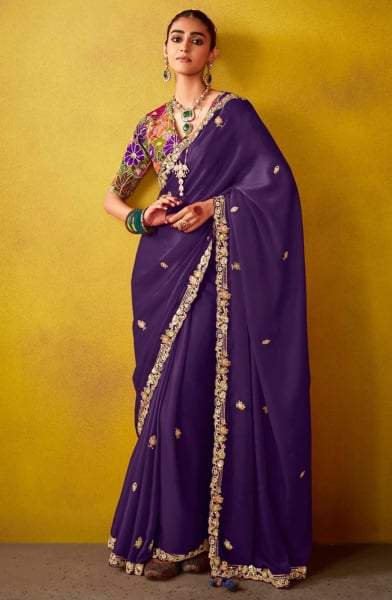 Eggplant Embroidered Designer Saree for Wedding