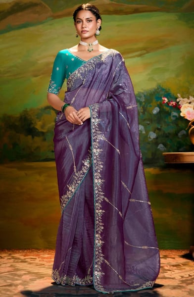 Eggplant Embroidered Designer Saree for Wedding