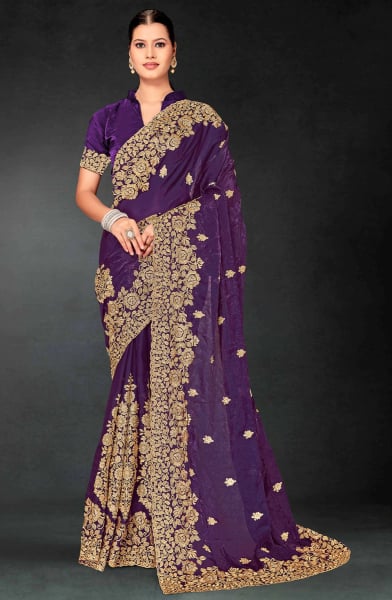 Eggplant Embroidered Fendi Silk Saree