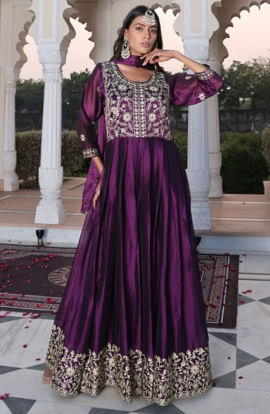 Eggplant Embroidered Silk Anarkali Suit