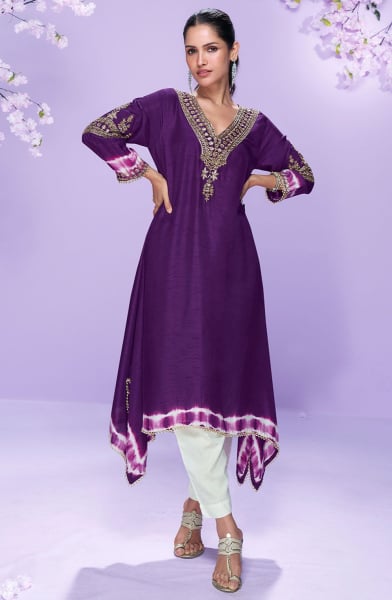Eggplant Embroidered Silk Asymmetrical Kurta