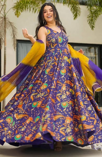 Eggplant Flared Silk Anarkali Gown with Dupatta