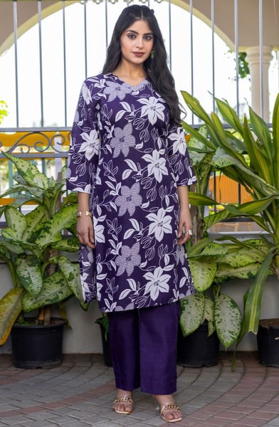 Eggplant Printed Cotton Blend Kurti with Bottom