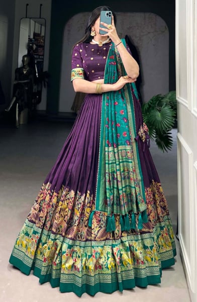 Eggplant Printed Tussar Silk Lehenga Choli