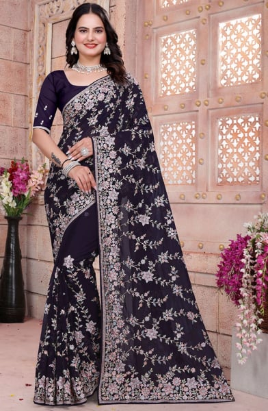 Eggplant Resham Embroidered Georgette Saree