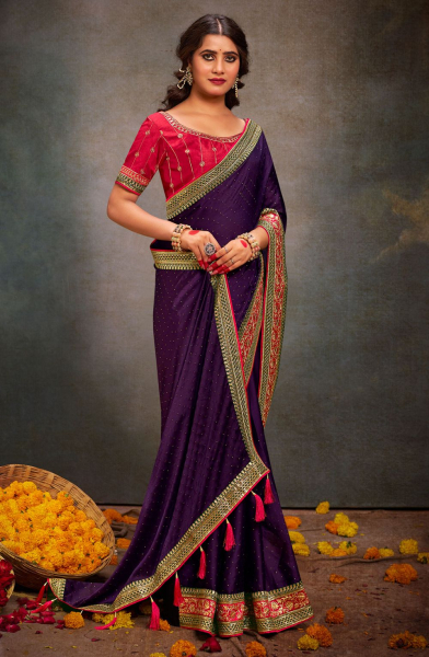 Eggplant Satin Saree with Embroidered Blouse