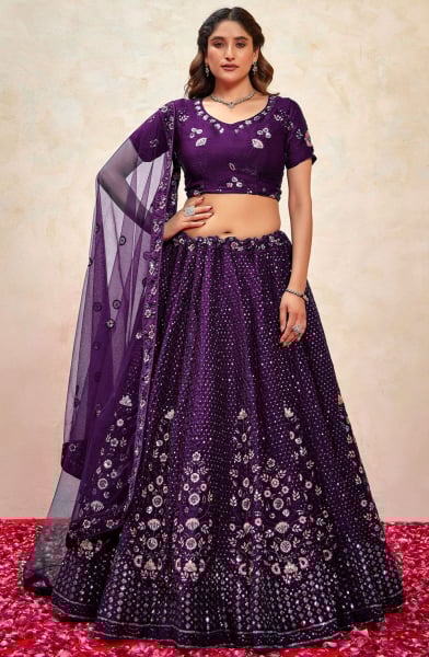 Eggplant Sequins Embroidered Silk Lehenga Choli