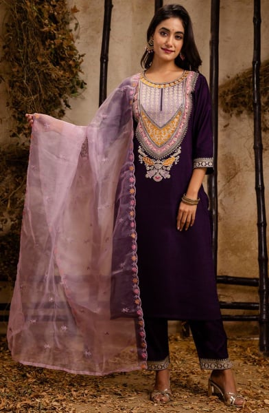 Eggplant Viscose Rayon Readymade Pant Kameez