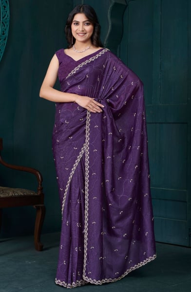 Eggplant Zarkan Embellished Crepe Silk Saree