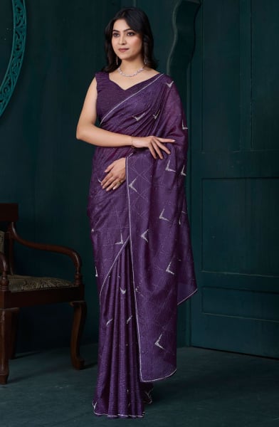 Eggplant Zarkan Embellished Crepe Silk Saree