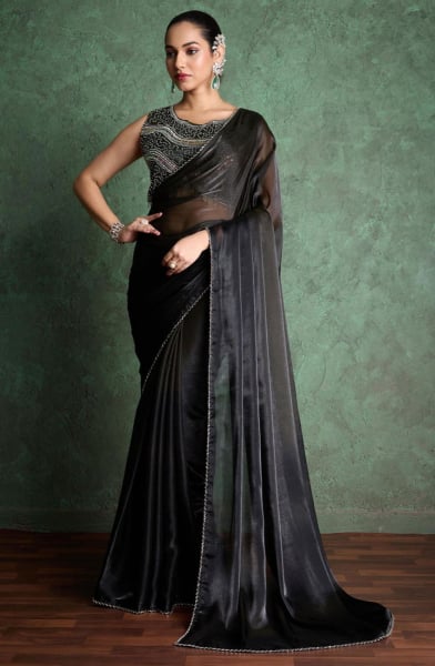 Elegant Black Saree with Delicate Embroidery
