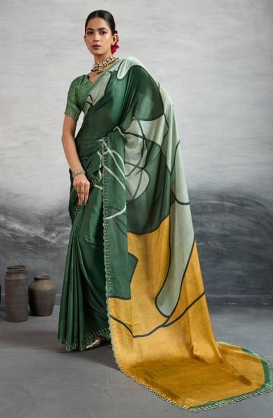 Elegant Green Satin Silk Saree with Digital Prints
