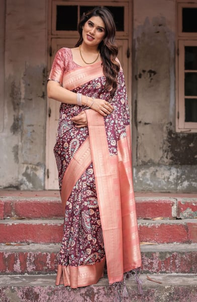 Elegant Wine Maroon Banarasi Silk Saree