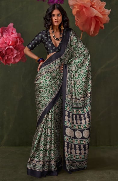 Emerald Green Ajrakh Print Satin Crepe Saree