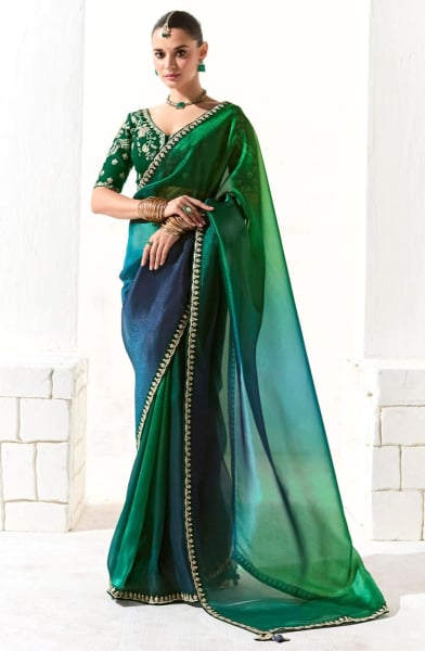 Emerald Green and Peacock Blue Embroidered Tissue Designer Saree