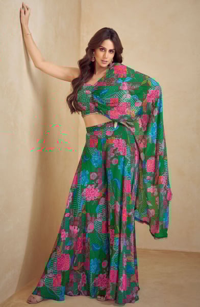 Emerald Green Chinnon Designer Indo Western