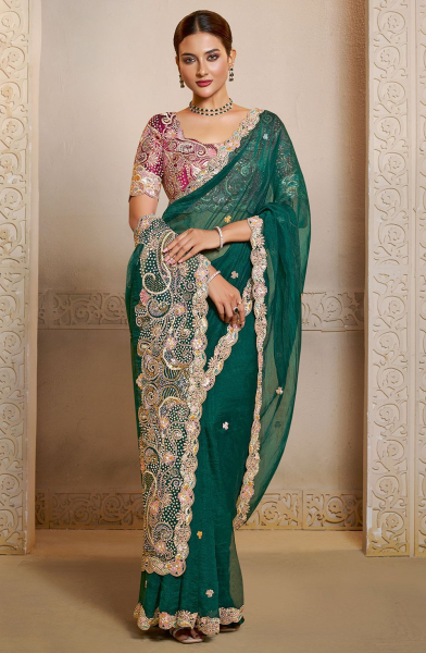 Emerald Green Embroidered Organza Satin Saree
