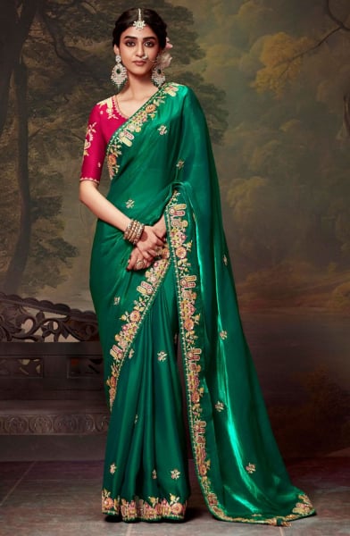 Emerald Green Embroidered Tissue Organza Saree