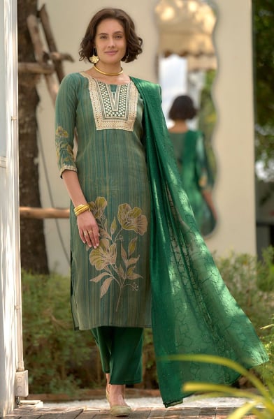 Emerald Green Embroidered Tissue Readymade Pant Kameez