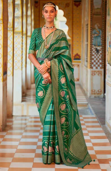 Emerald Green Foil Print Silk Saree for Ceremonial