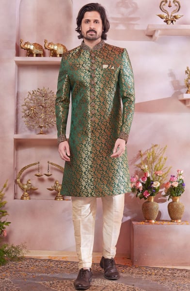 Emerald Green Jacquard Banarasi Silk Designer Sherwani