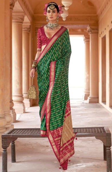 Emerald Green Patola Design Viscose Silk Saree