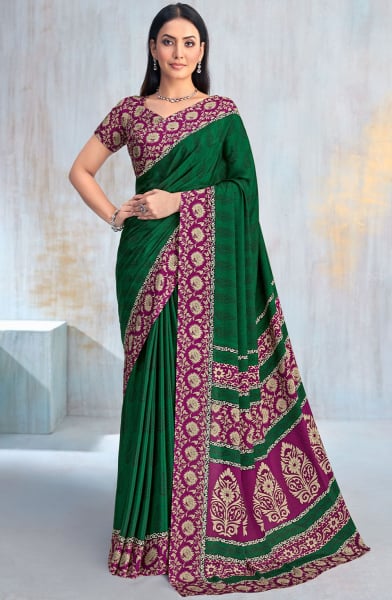Emerald Green Printed Crepe Casual Saree