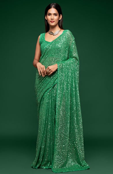 Emerald Green Sequined Georgette Designer Saree for Party