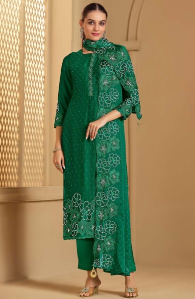 Emerald Green Swarovski Embellished Georgette Pant Kameez