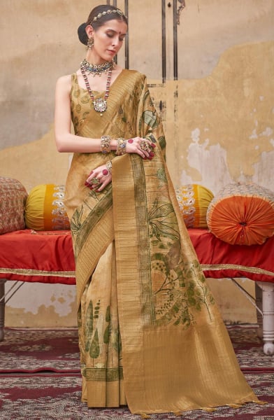 Fawn Digital Print Silk Saree