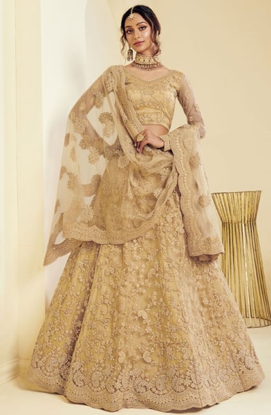 Fawn Embroidered Net Bridal Lehenga Choli for Wedding
