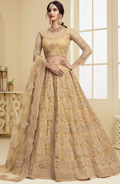 Fawn Embroidered Net Bridal Lehenga Choli for Wedding