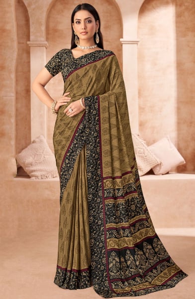 Fawn Printed Crepe Casual Saree