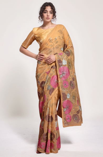 Fawn Sequins Embroidered Georgette Saree