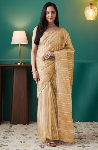 Fawn Striped Organza Ready to Wear Saree