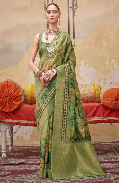 Fern Green Digital Print Silk Saree