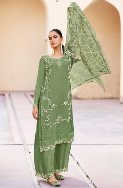 Fern Green Embroidered Chinnon Palazzo Kameez