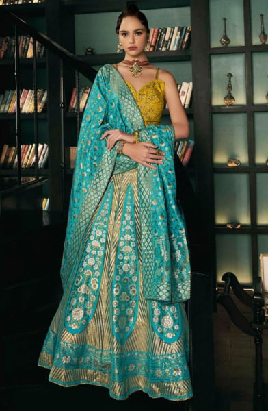 Firozi and Golden Silk Readymade Designer Lehenga Choli