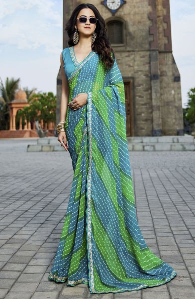 Firozi and Parrot Green Bandhani Print Georgette Saree